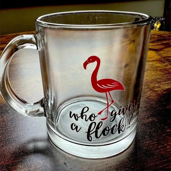 “Who gives a flock” flamingo glass mug​ - Picture 1 of 11